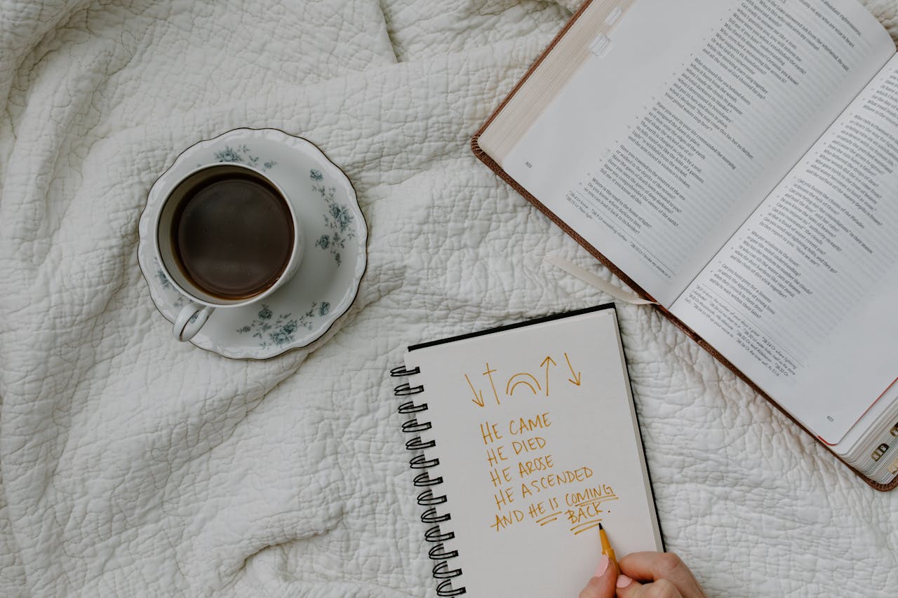 A setting of morning Bible study with coffee, notes, and a quilted fabric backdrop.